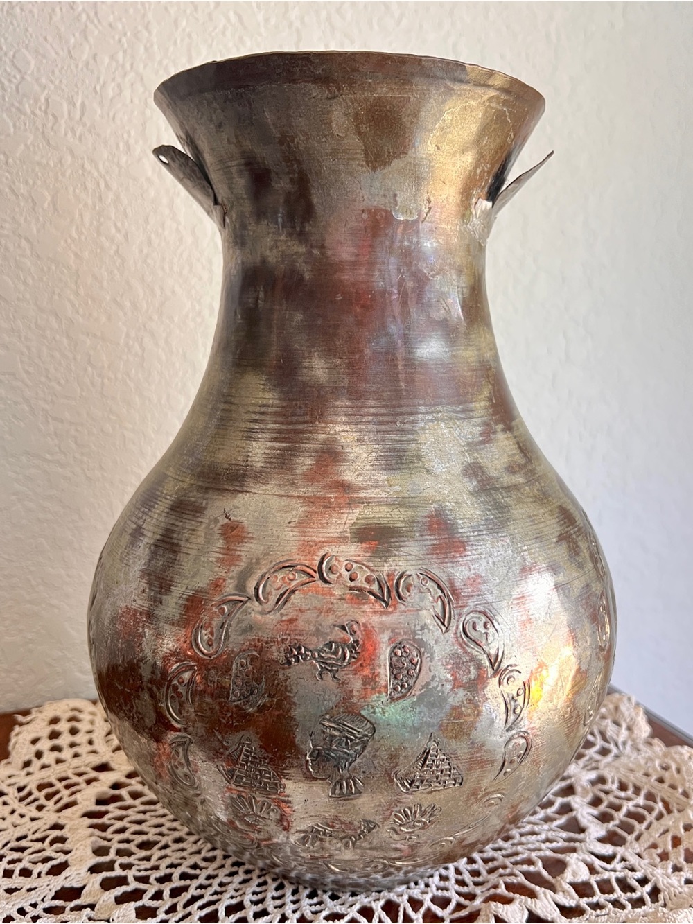 Egyptian Cairoware Embossed Tin-Washed Hammered Copper Vase Pharaoh Nefertiti